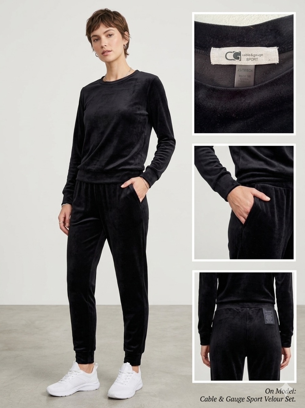 Cable & Gauge Sport Black Velour Long Sleeve Top & Jogger Lounge Set Size XS